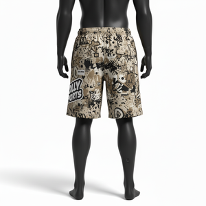 Shorts de bain pour homme en microfibre polyester premium 150 GSM, imprimé graffiti beige, tissu à séchage rapide, sublimation, logo personnalisé. - Product Image 2