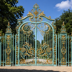 Puerta de entrada de hierro forjado en turquesa y oro con diseño de volutas reales, puerta principal decorativa de metal premium para villa o mansión. - Product Image 3