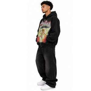 Sweat-shirt à capuche zippé noir oversize pour homme avec imprimé ange, style streetwear, pour l'automne, avec logo frontal - Product Image 4