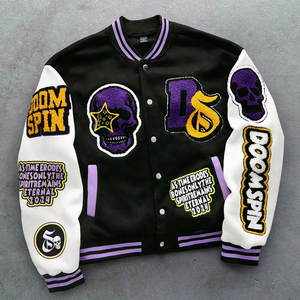 Chaquetas universitarias de béisbol para hombre, estilo urbano juvenil, color negro y morado, material suave al tacto, ecológico, para uso en exteriores. - Product Image 1
