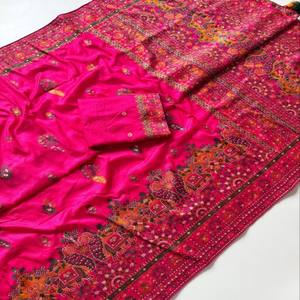 VASTRA COTTAGE Sari de Seda Pura Rajwadi Pashmina con Pallu de Hilo Cachemir, Borde Pesado y Borlas, con Pieza de Blusa - Product Image 2