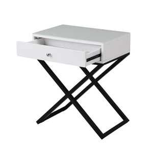 Comodino Koda da 23 pollici in legno bianco con piano in vetro, cassetto e base a croce in metallo - Product Image 5