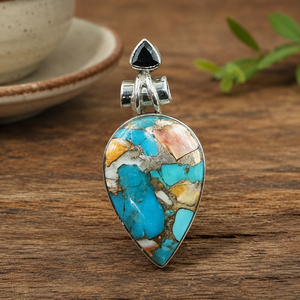 Breloques en argent sterling 925 plaqué or rose, style bohème, avec coquille d'huître épineuse naturelle et turquoise, serties en clos, faites à la main, cadeau - Product Image 6