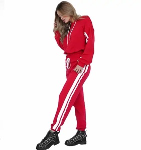 Women Red Hooded Tracksuit Set Full Sleeve Solid Color Sporty Style With Side Pockets Drawstring Closure Autumn Wear - Product Image 1