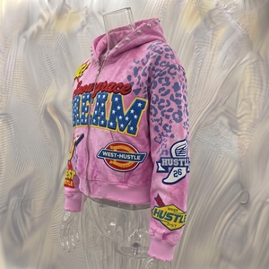 Snowgrace Pink <b>Leopard</b> <b>Print</b> Zip-Up Hoodie Unisex Streetwear Crop Fit Embroidered Design Oversized Hooded <b>Sweatshirt</b> - Product Image 4