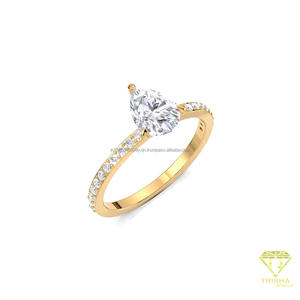 Bague de fiançailles en diamant de laboratoire taille poire en or jaune 14 carats avec bande pavée, bague de promesse de mariage solitaire pour femme - Product Image 4