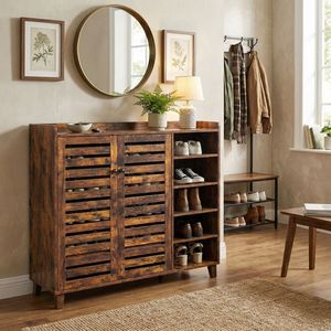 Mobiletto Portascarpe dal Design Semplice in Legno Invecchiato con 2 Ante e 5 Scomparti Aperti, Dimensioni 116*35.5*107cm, Pannello Posteriore in MDF, Piano d'Appoggio - Product Image 1