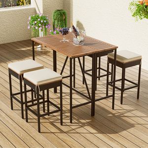5-Piece Acacia Wood Bar Height Dining <b>Table</b> with Four Stools Cushions Outdoor <b>Garden</b> PE Rattan Wicker <b>Foldable</b> Furniture Set - Product Image 1