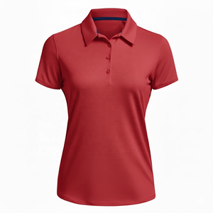 Polo rouge pour femme, manches courtes, couleur unie, tissu tricoté décontracté, longueur normale, respirant, en polyester - Product Image 1