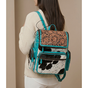 Turquoise <b>Leather</b> Jumbo Diaper Bag Real Tooled <b>Leather</b> Hair On Hide <b>Backpack</b> Western Cowhide <b>Large</b> Zipper <b>Backpack</b> Mother's Bag - Product Image 2