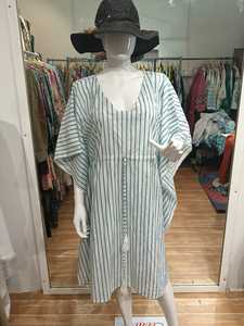 V-Neck Striped <b>Kaftan</b> Dress With Drawstring Elastic Waist Loose Fit Cap Sleeve Midi Length 100% Cotton <b>Summer</b> Casual Wear - Product Image 6