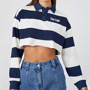 OEM/ODM Custom Made <b>Crop</b> <b>Top</b> Fit Short Sleeve <b>Stripe</b> Design for Shirt 100% Cotton Knitted Jersey Casual Breathable - Product Image 1
