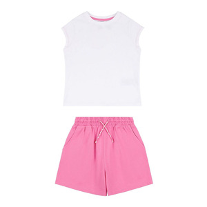 Conjunto de Dos Piezas para Niñas, Camiseta Blanca y Pantalones Cortos Rosas, Manga Corta, Cuello Redondo, Estilo Casual de Verano, Algodón Estampado - Product Image 4