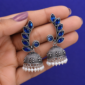 Oxidized <b>Silver</b> Blue Stone Jhumka <b>Earrings</b> Handmade Pearl <b>Dangle</b> Jewelry for Women - Product Image 4