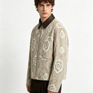 Men's Floral Embroidered Shirt <b>Jacket</b> With Leather Collar Regular Fit <b>Smart</b> Casual Autumn Style Linen Cotton Blend - Product Image 3