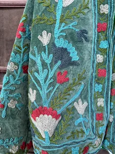 Elegante Chaqueta Suzani Azul Cielo de Terciopelo Bordado con Patrón Floral, Estilo Boho, Manga Larga, Cuello Alto, Ropa de Abrigo de Invierno para Mujer - Product Image 2