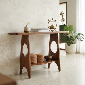 Solid Wood <b>Console</b> <b>Table</b> Mid Century Modern Circular Cutout Lower Shelf Teak Style Wooden Entryway <b>Table</b> Hallway Sofa Side Desk - Product Image 5