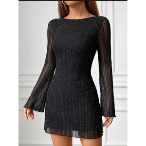 Vestido de cóctel plisado con rayas de lurex y mangas acampanadas Midnight Stardust, vestido acampanado acanalado Celestial, mini Sabina con brillo - Product Image 1