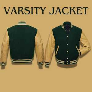Men's Dark Green Varsity <b>Jacket</b> With Tan PU <b>Leather</b> Sleeves Regular Fit Button Closure Preppy Style Autumn Wear - Product Image 4