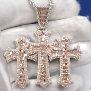 Triple <b>Cross</b> Pendant Necklace Moissanite Diamond Two Tone 925 Silver Iced Out Hip Hop <b>Chain</b> - Product Image 3