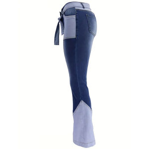 Pantalon en jean évasé taille haute color block pour femme – Meilleur prix – Jean évasé très extensible avec poches coupées pour femme – Vente en gros - Product Image 5
