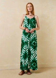 Mono largo de viscosa con estampado tie-dye verde para mujer |   Cuello mandarín con mangas caídas |   Corte Holgado, Ecológico, con Aberturas Delicadas - Product Image 3