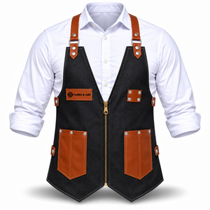 Tablier classique en jean avec poches et bretelles en cuir, vêtement de travail pour barbier, coiffeur, barman - Product Image 1