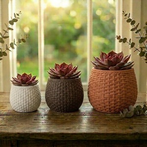 Ensemble de 3 pots à succulentes en résine rustique, pots tressés pour décoration de bureau intérieure, couleurs blanc, marron, terre cuite, provenant d'Inde - Product Image 1