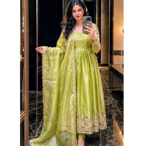 Royal Silk Occasion Gown With Multicolor Stone Sequin Embroidery Coordinated Trousers Premium Lace Border Dupatta Womens Ethnic - Product Image 1