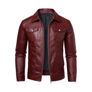Blouson moto en cuir PU bordeaux pour homme, col rabattu, fermeture éclair, coupe ajustée, manches classiques, couleur unie, idéal pour l'automne - Product Image 1