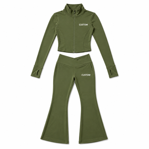 Conjunto de yoga para mujer ODM: Chaqueta corta con cremallera de manga larga y leggings acampanados de cintura alta para gimnasio, entrenamiento, ropa deportiva, correr al aire libre - Product Image 3