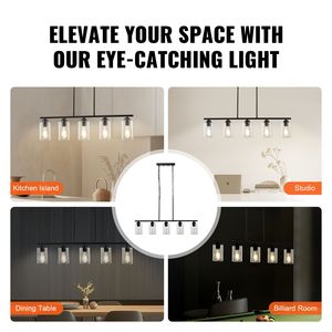 Lampadario a sospensione da cucina a 5 luci da 60W, regolabile con 4 aste, per sala da pranzo, paralume in vetro trasparente, 2 catene in metallo, alimentazione CA - Product Image 6