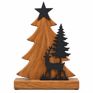 Wooden <b>Christmas</b> <b>Tree</b> Sculpture With Deer And Pine Silhouette Rustic <b>Tabletop</b> Decor For Winter Holiday Home Decoration - Product Image 1