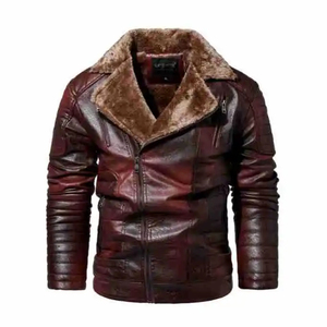 Chaqueta de Cuero PU para Hombre, Estilo Motero, Cuello de Piel Sintética, Corte Ajustado, Cierre de Cremallera, Resistente al Viento, para Invierno - Product Image 4