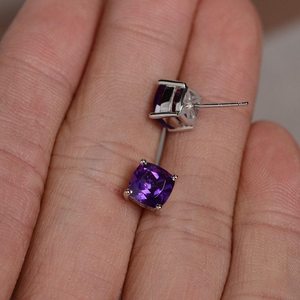 Boucles d'oreilles clous en améthyste naturelle, pierre précieuse violette, argent sterling, cadeau bijoux pierre de naissance de février pour femme - Product Image 5