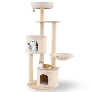 60-Inch Tall Wooden <b>Cat</b> Tree <b>Tower</b> with Multi-Level Condos and Sisal <b>Scratching</b> Posts for Indoor <b>Cats</b> Natural Looking - Product Image 1