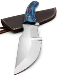 Cuchillo Recurvo Hecho a Mano de Acero Inoxidable con Mango de Madera Pakkawood Azul y Funda de Cuero - Product Image 3