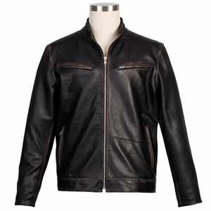 Blouson moto en cuir véritable pour homme, col rabattable, fermeture éclair, couleur unie, vêtement d'extérieur d'hiver, coupe classique, imperméable et respirant - Product Image 1