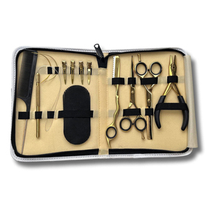Ensemble d'outils d'application d'extensions capillaires de qualité supérieure à prix raisonnable : Ciseaux à effiler dorés, pinces, aiguille de tirage et pinces de sectionnement - Product Image 1