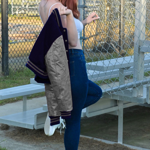 Womens Varsity Crop <b>Jacket</b> Navy Blue <b>Silver</b> Letterman Style Bomber Coat Faux Leather Sleeves Casual Outerwear Ladies Fashion - Product Image 3