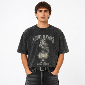 Camiseta Corta con Efecto Ácido para Hombre, Oversize, Manga Corta, Estampado Vintage, Algodón Jersey, Cuello Redondo, Estilo Urbano - Product Image 2
