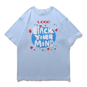 Camiseta de Algodón de Manga Corta para Hombre, Color Azul Claro, Talla Grande, Cuello Redondo, Estilo Casual, con Logotipo y Letras Estampadas en la Espalda, Estilo Urbano, para Uso Diario - Product Image 3