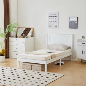 Solid Wood Twin Size Platform Bed Frame with White Headboard Premium Wooden Beds - Product Image 4
