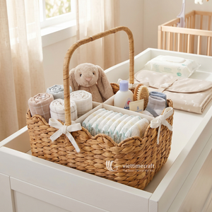 Modern <b>Rectangle</b> Water Hyacinth Diaper Caddy Scalloped Nursery <b>Storage</b> <b>Basket</b> with Handles and Removable Fabric Divider Trims - Product Image 4
