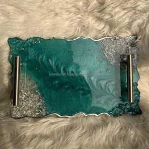 Plateau de service en résine bleu océan personnalisé avec des paillettes argentées, plateau de service moderne de luxe lavable, qualité supérieure pour la cuisine - Product Image 3