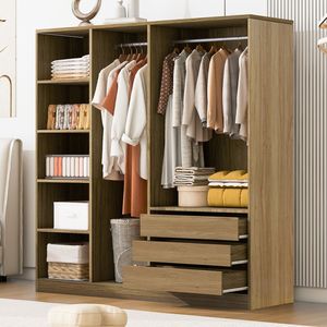 Nature-inspired Doorless Wooden <b>Storage</b> <b>Wardrobe</b> with Shelves and 3 Drawers for Bedroom - Product Image 2