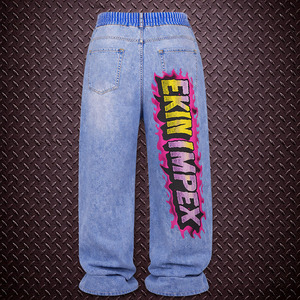 Jean en denim taille mi-haute, délavé et déchiré, coupe ample à jambe large, double taille, avec empiècements, logo personnalisé, style streetwear, 100% coton, pour le voyage, vente en gros - Product Image 2