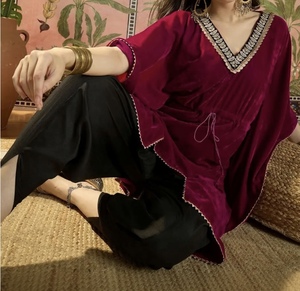 Designer Kaftan <b>Kurta</b> Set For <b>Women</b> Western Ladies Ethnic Kaftan Set Batwing Sleeves Loose Fit Kaftan Party Festival Wear Kaftan - Product Image 3