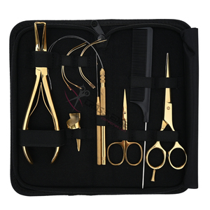 Kit d'outils tout-en-un pour extensions capillaires dorées avec pince de retrait de micro-perles, crochets de micro-liaisons, enfileurs de fils et accessoires de salon - Product Image 1
