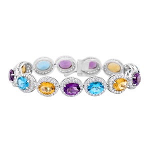 Wholesale 925 <b>Solid</b> Sterling <b>Silver</b> Natural Oval Multi Gemstone CZ Halo Tennis <b>Bracelet</b> Fine Jewelry Memoria Jewels - Product Image 1